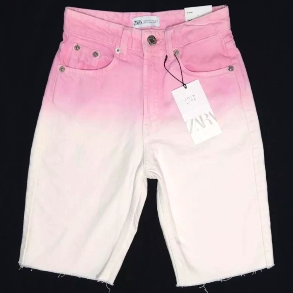 ZARA Pink & White Shorts Women's High Rise Bermuda Sz 00 New